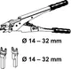 TECE Presswerkzeug mit zwei Gabelköpfen zur Montage, geeignet für Rohrdurchmesser von 14 bis 32 mm, abgebildet in einer schematischen Darstellung.